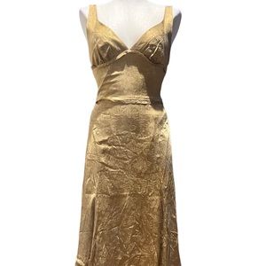 Gold Satin Midi  Dress – V-Neck Glam Strap floral design Size Small